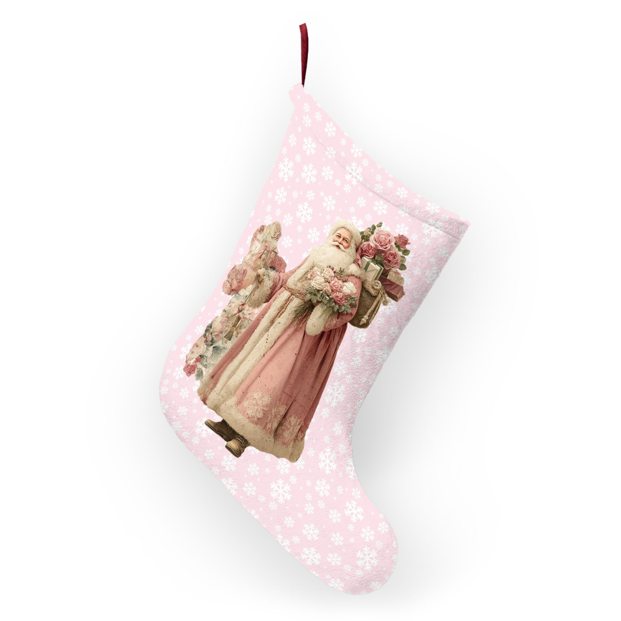 Pink Victorian Santa Claus Christmas Stocking - Shabby Chic Holiday Decor