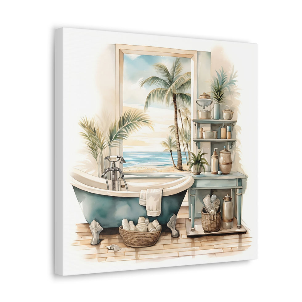 Thumbnail: Beachy Bathroom Canvas Art Clawfoot Tub Sea Shells Beach Decor Watercolor Print