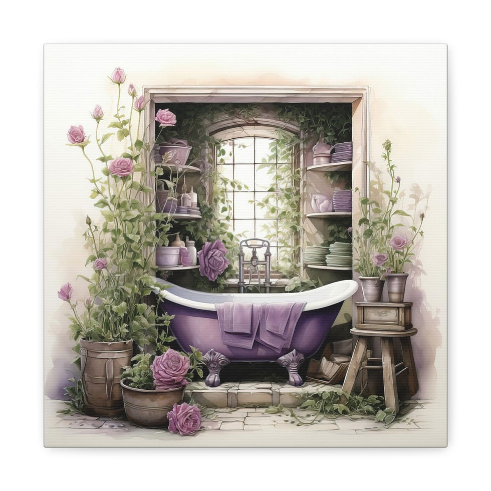 Thumbnail: Vintage Bathroom Art Victorian Tub Purple Roses French Country Canvas Print