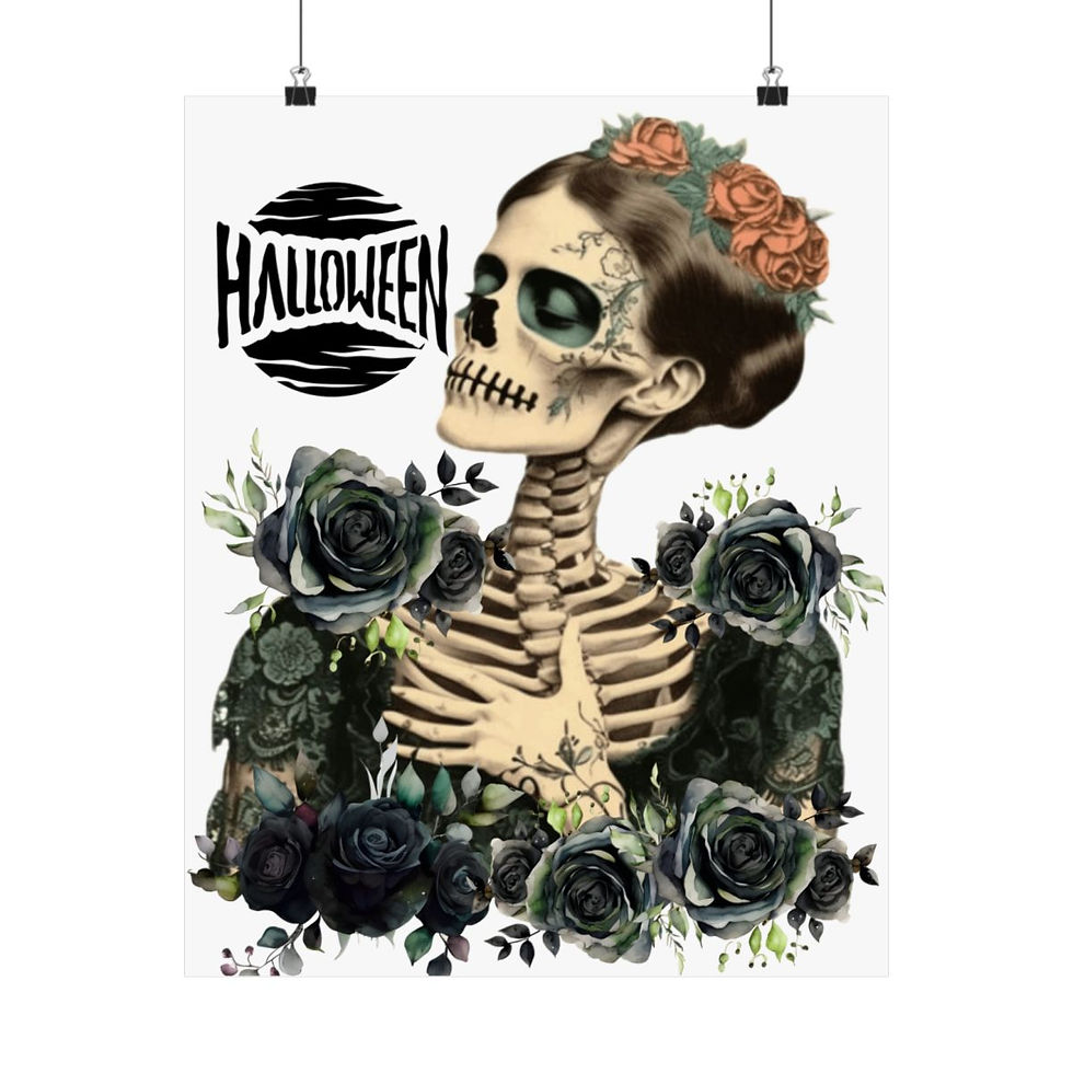 Thumbnail: Halloween Art Print Zombie Skeleton Black Roses Vintage Style Giclee Wall Decor