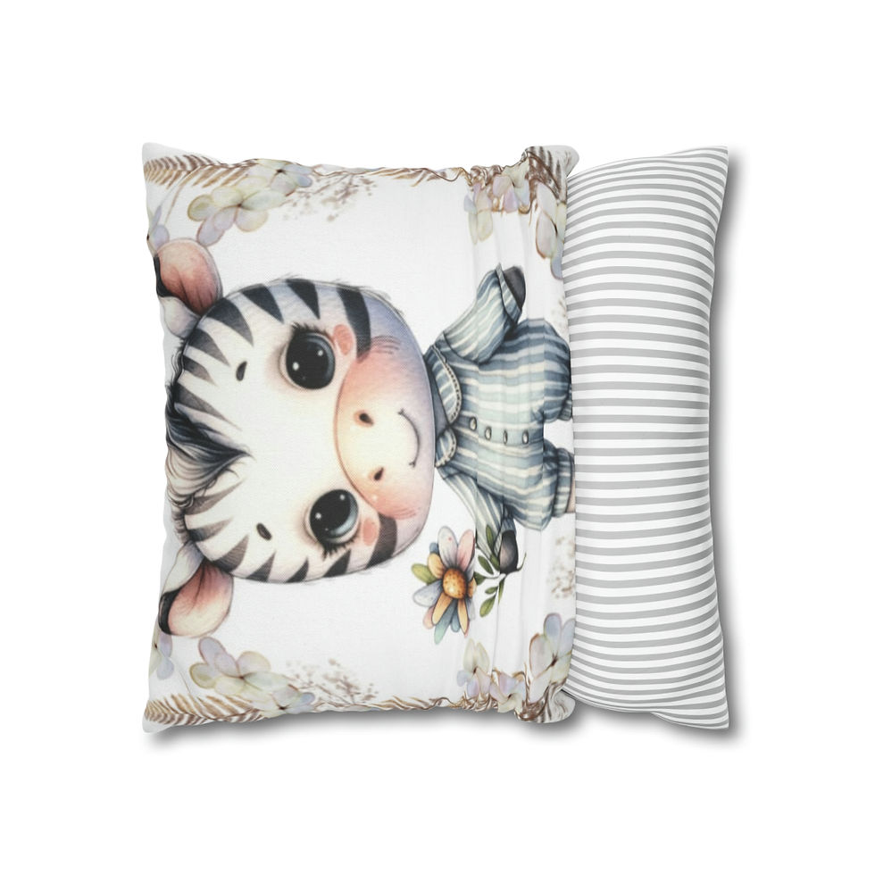 Thumbnail: Artistic Nursery Décor Throw Pillow Cover Baby Zebra in Pajamas holding Daisy