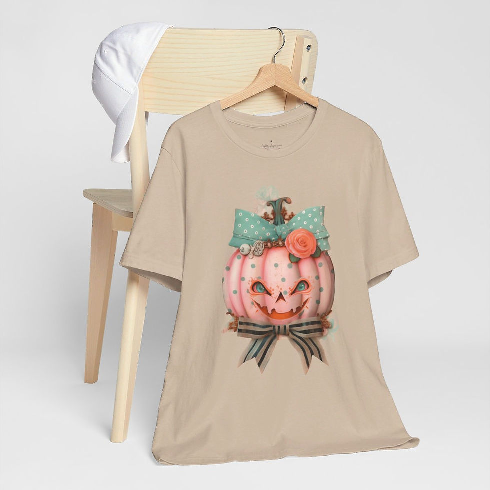 Thumbnail: Halloween T-Shirt Creepy Pumpkin Shabby Pink Roses Art Tee Trendy Apparel Gift