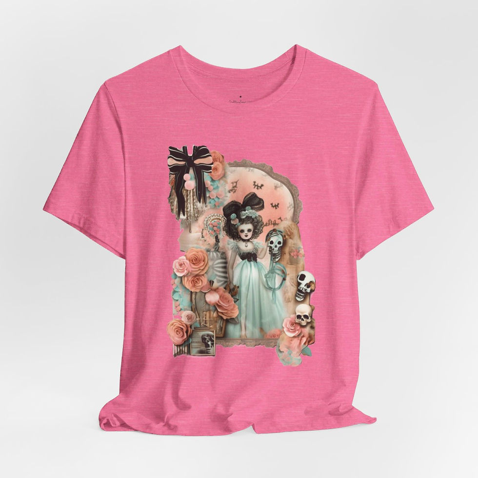 Thumbnail: Halloween T-Shirt Shabby Girl Zombie Skulls Pink Roses Art Tee Trendy Apparel