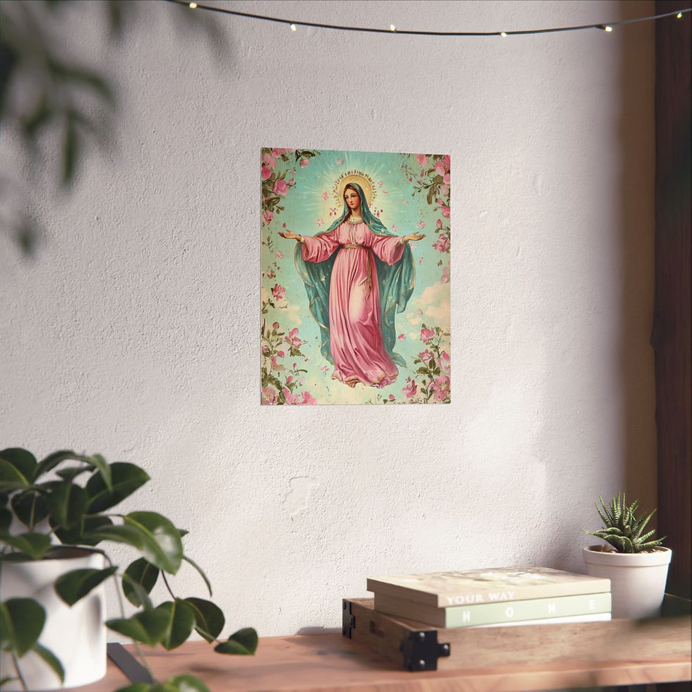Thumbnail: Shabby French Virgin Mary Print Our Lady of Mercy Pink Roses Giclee Wall Art