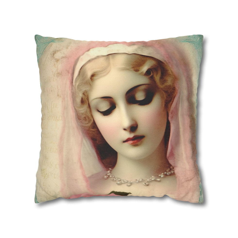 Thumbnail: Shabby Virgin Mary Throw Pillow cover Pink Roses Pastel Art Catholic Faith Decor