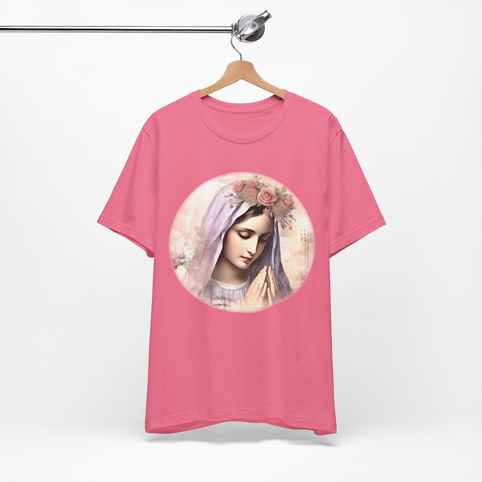 Thumbnail: Virgin Mary T-Shirt Shabby Pink Roses Ave Maria Art Tee Catholic Faith Gifts
