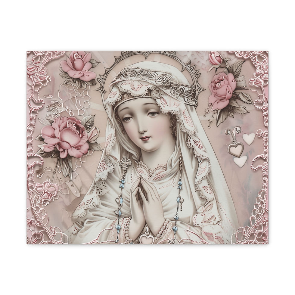 Thumbnail: Shabby Virgin Mary Canvas Art Pink Roses Vintage White Pastel Religious Decor