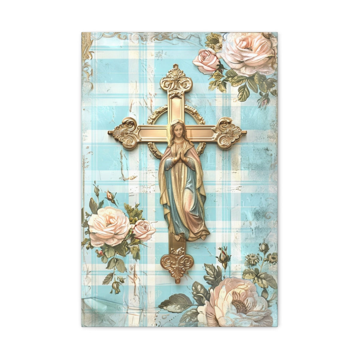 Shabby Virgin Mary Canvas Art Vintage Blue White Pink French Country Wall Decor 