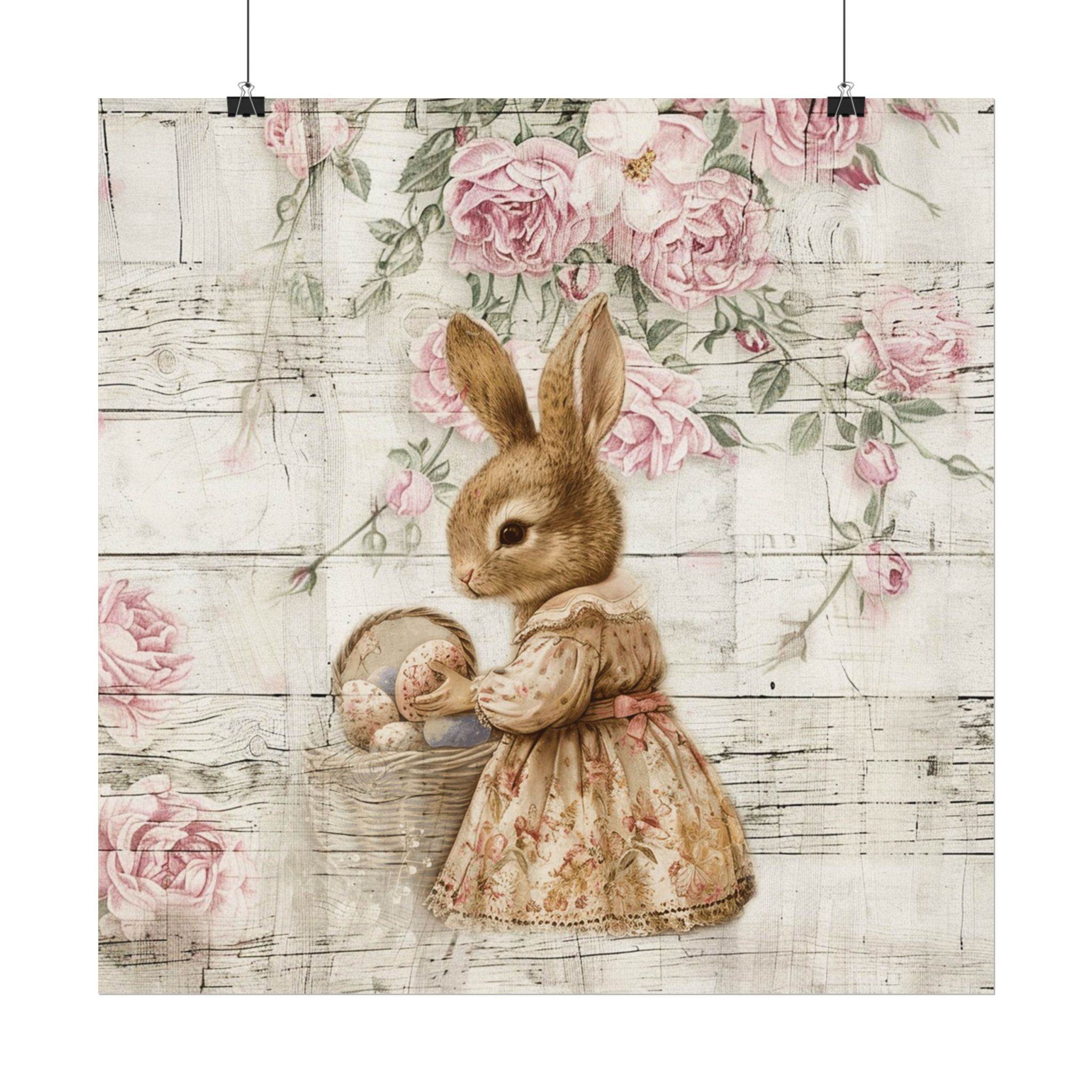 Shabby Rabbit Art Print French Country Pink Roses Bunny w/ Basket Spring decor