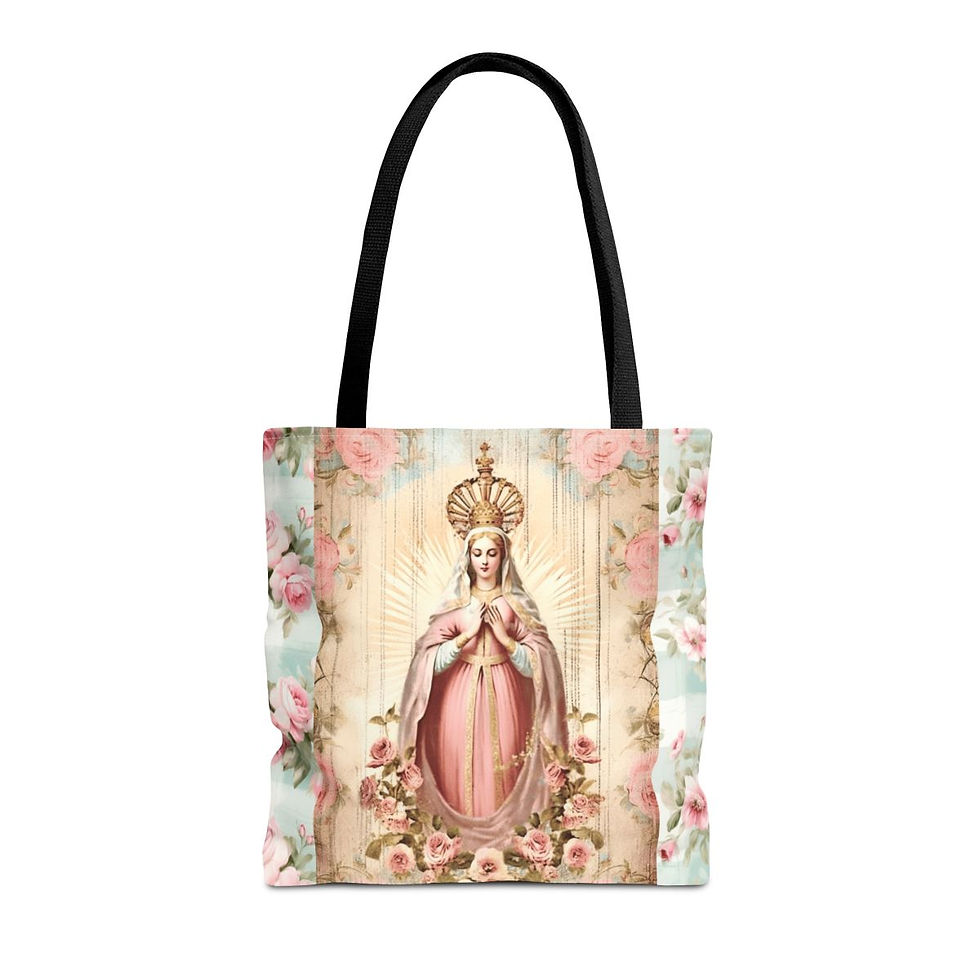 Thumbnail: Shabby Virgin Mary Tote Bag Mother Mary Praying Pink Roses Serene Catholic Gift
