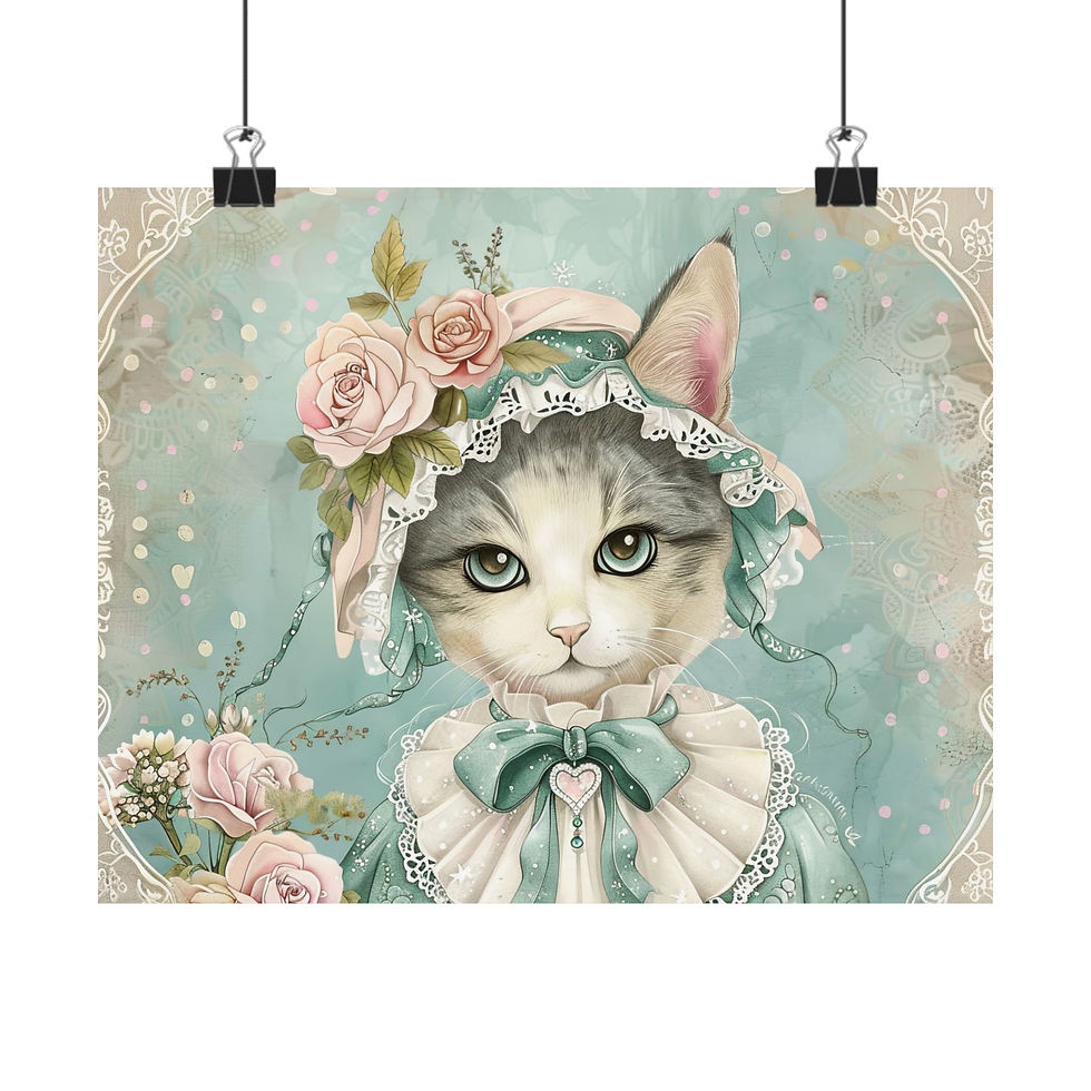 Thumbnail: Shabby Cat Art Print Victorian Kitty in Hat Pink Roses Aqua Mint Cat Lover Gift
