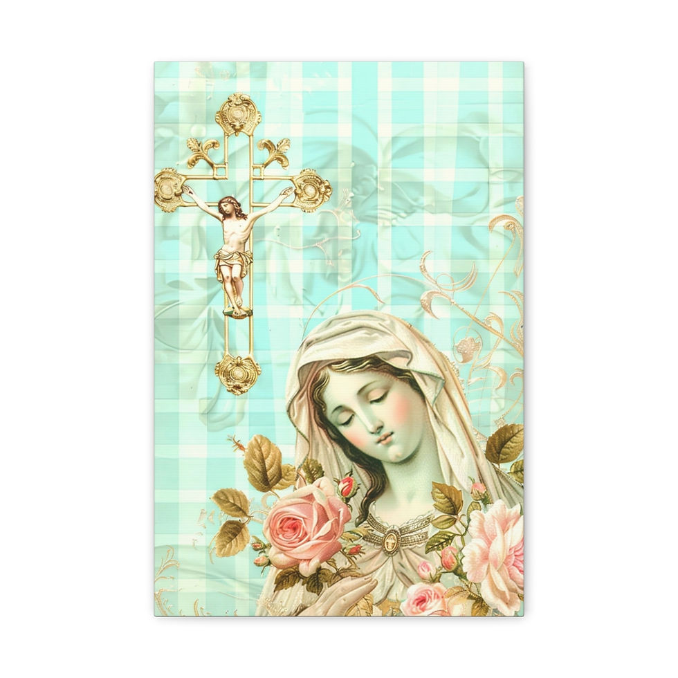 Thumbnail: Shabby Virgin Mary Canvas Art Vintage Pink Aqua White French Country Wall Decor 