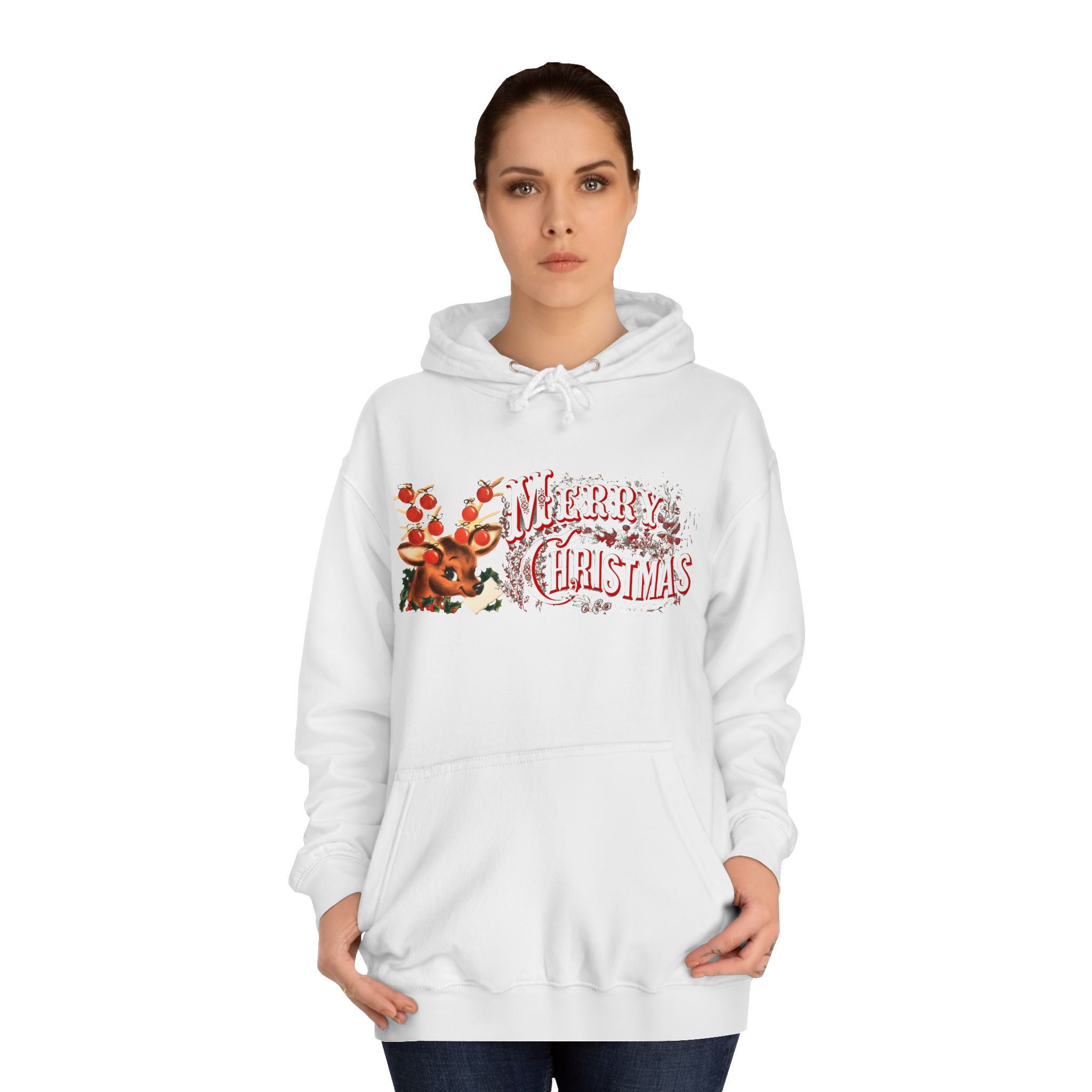 Retro Reindeer Hoodie Merry Christmas Sweatshirt w/Pockets Cozy Winter Apparel 