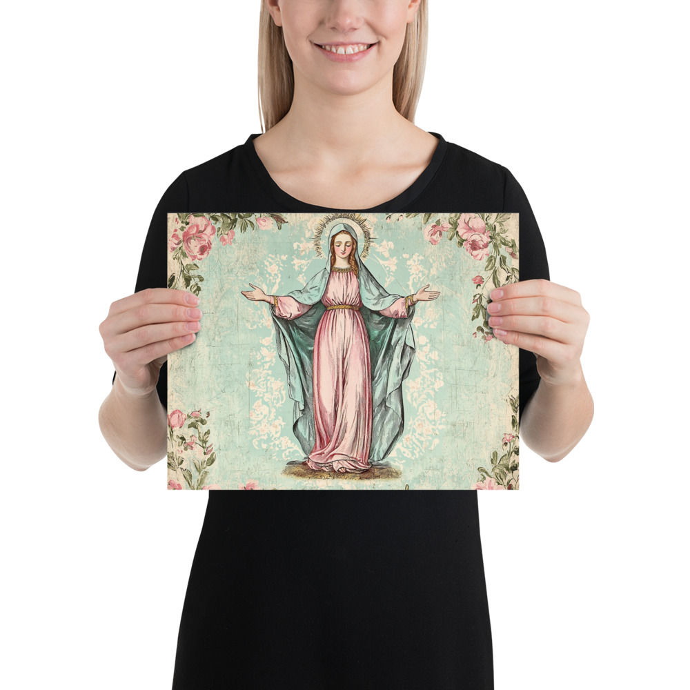Virgin Mary Art Print Shabby Pastel Religious Decor Catholic Faith Wall Hanging