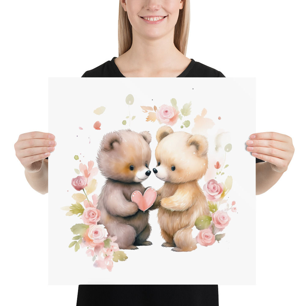 Artistic Children's Nursery Decor, Teddy Bears Hearts Roses Watercolor Art Print