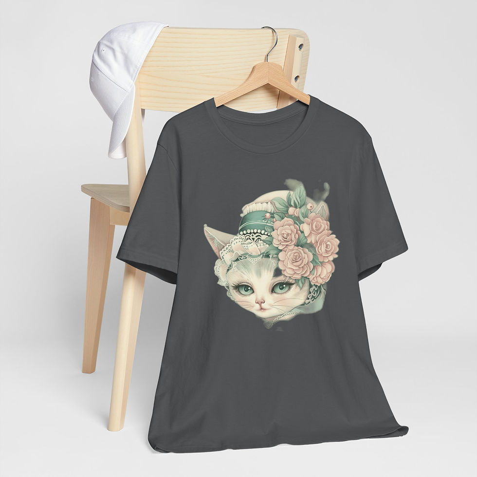 Thumbnail: Victorian Cat Art T-Shirt Shabby Mint & Pink Hat Roses Artistic Cat Lover Gift