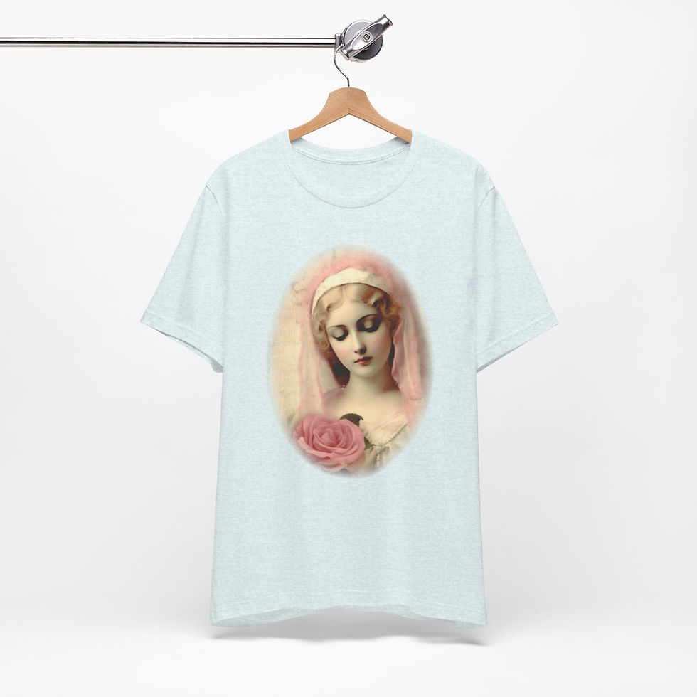 Thumbnail: Virgin Mary T-Shirt Shabby French Madonna Pink Rose Art Tee Catholic Faith Gifts