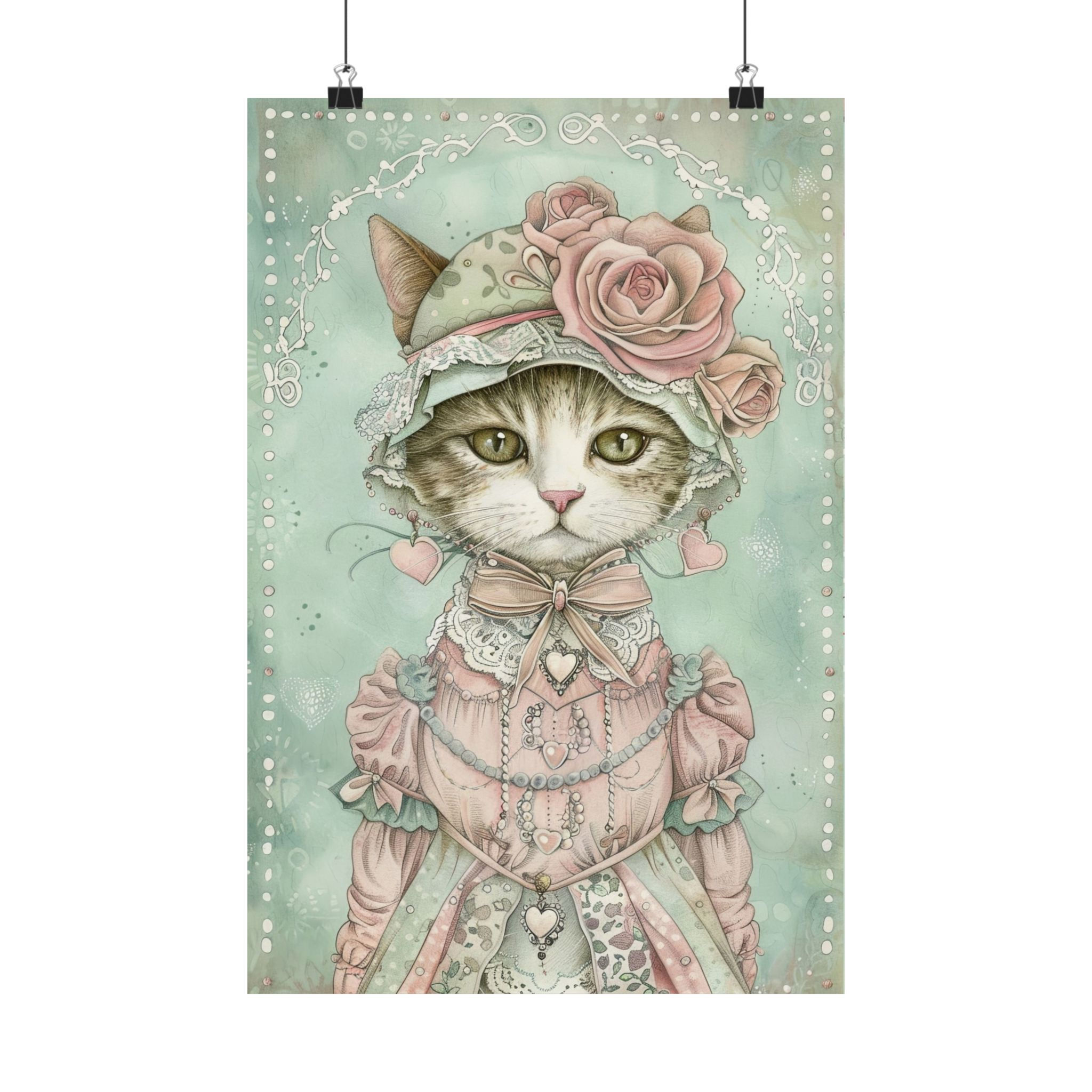 Shabby Victorian Cat Art Print Pastel Kitty Mint Pink Roses Hat Cat Lover Decor