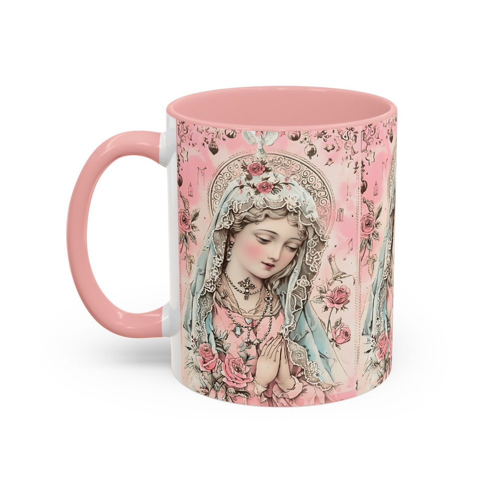 Thumbnail: Shabby Virgin Mary Coffee Mug Pink Roses Catholic Art Mug Religious Faith Gifts