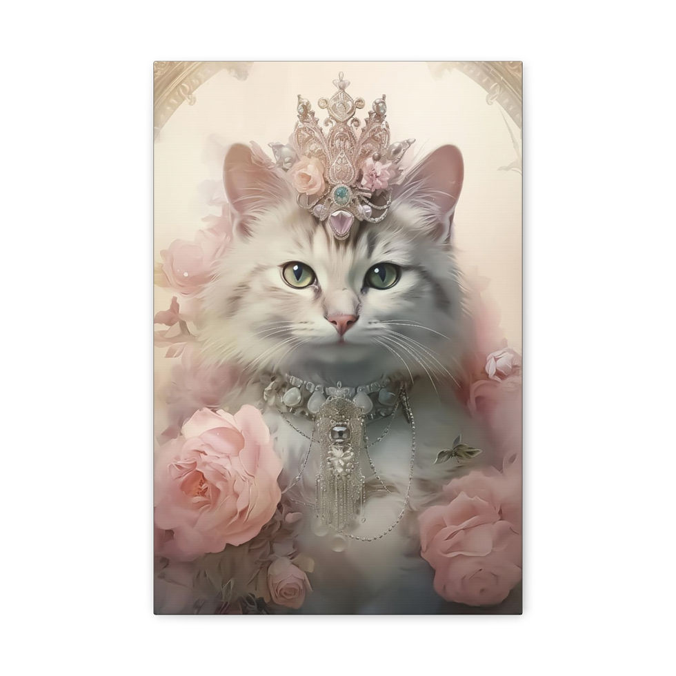 Thumbnail: Shabby French Canvas Art Crowned Cat Print Pink Roses Artistic Decor 