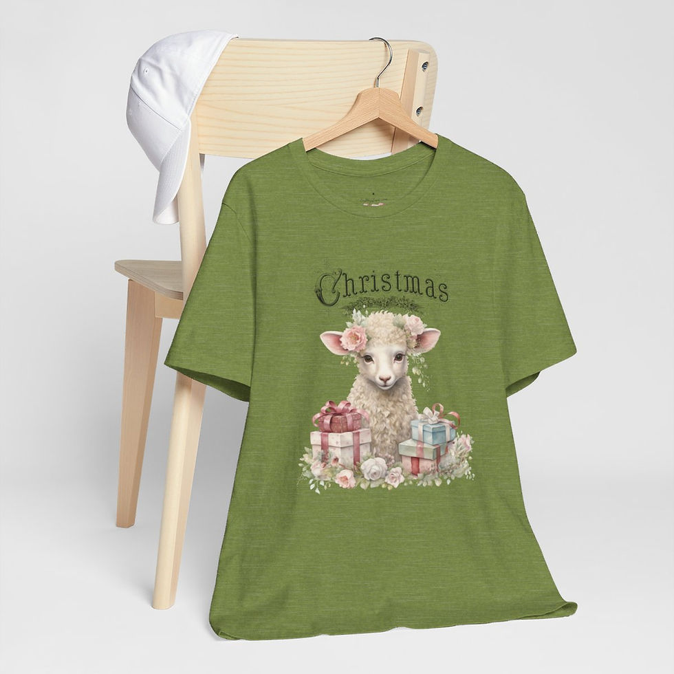 Thumbnail: Shabby Farmhouse Christmas T-Shirt Lamb Art Tee Vintage style Cottage Pink Roses