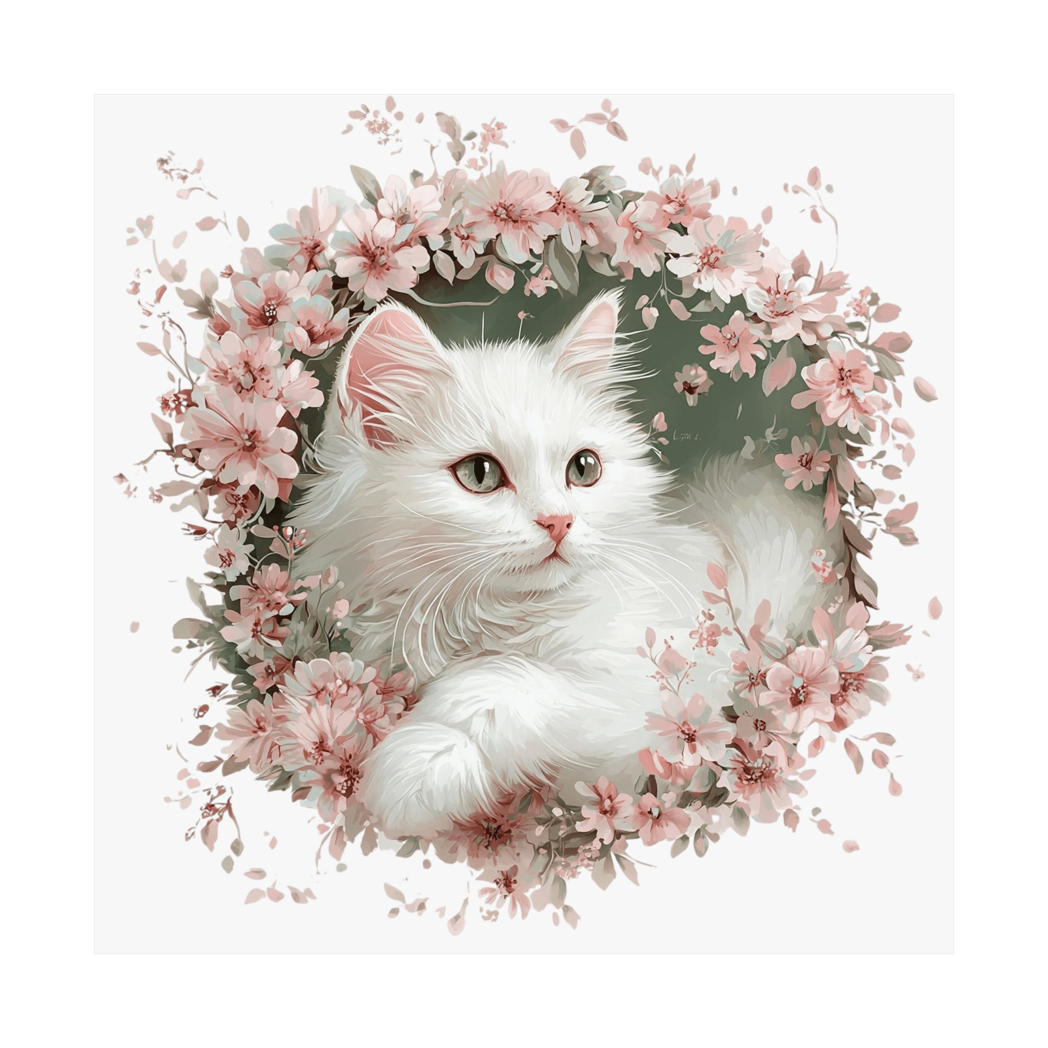 Cat Art Print - Shabby White Kitten with Pink Flowers Cat Lover gift Wall Decor