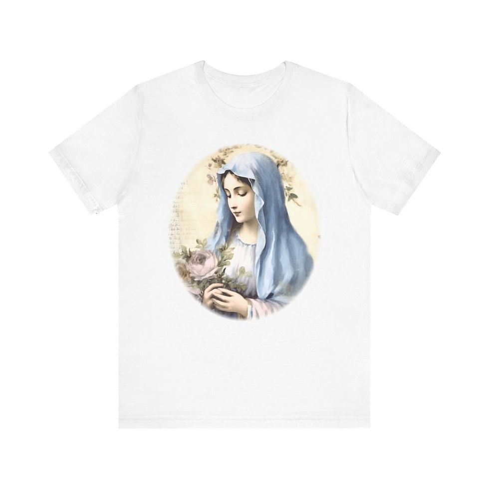 Thumbnail: Virgin Mary T-Shirt Pink Rose Shabby Chic Ave Maria Art Tee Catholic Faith Gift