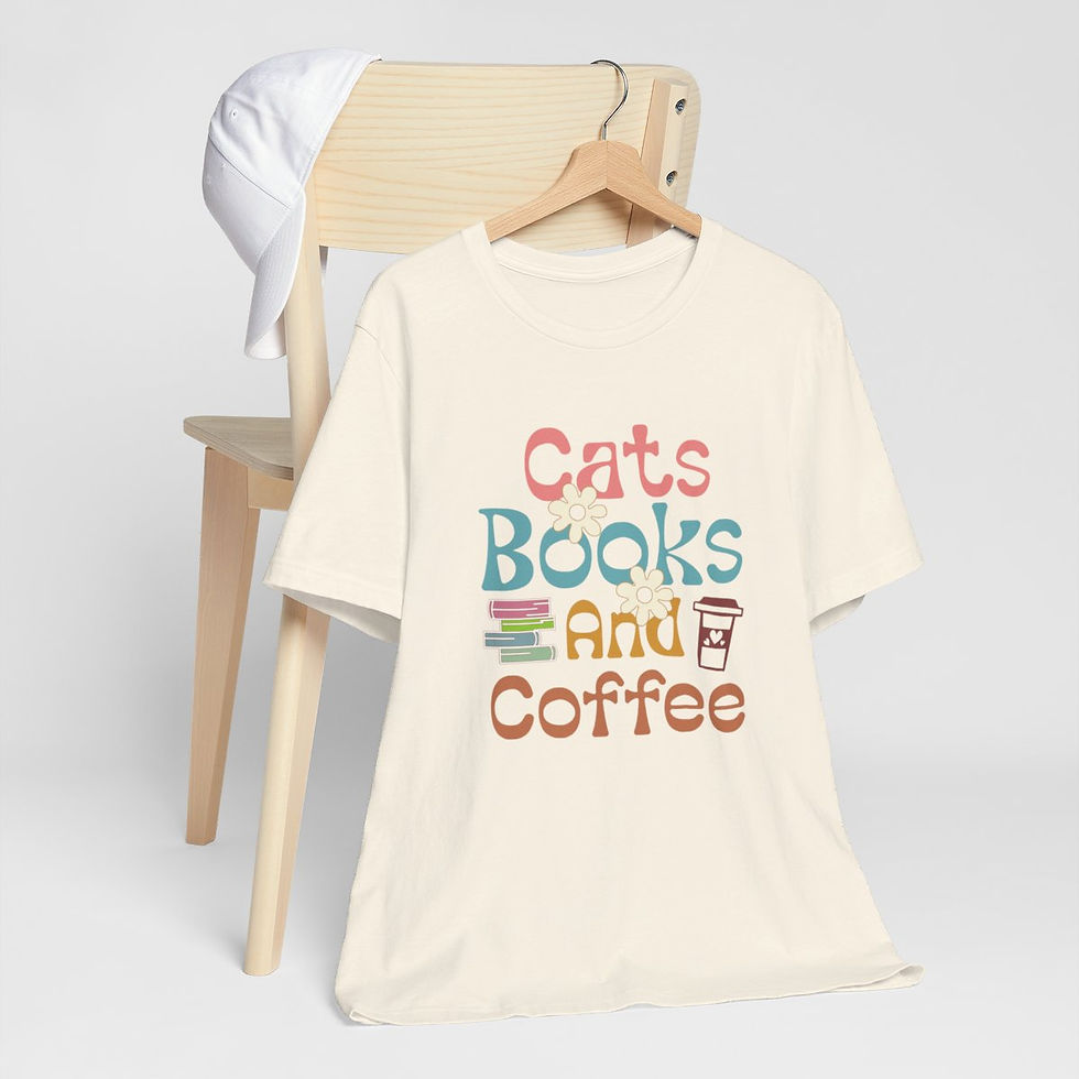 Thumbnail: Reading Theme T-Shirt Cats Book and Coffee Expressive Apparel Artistic Gifts