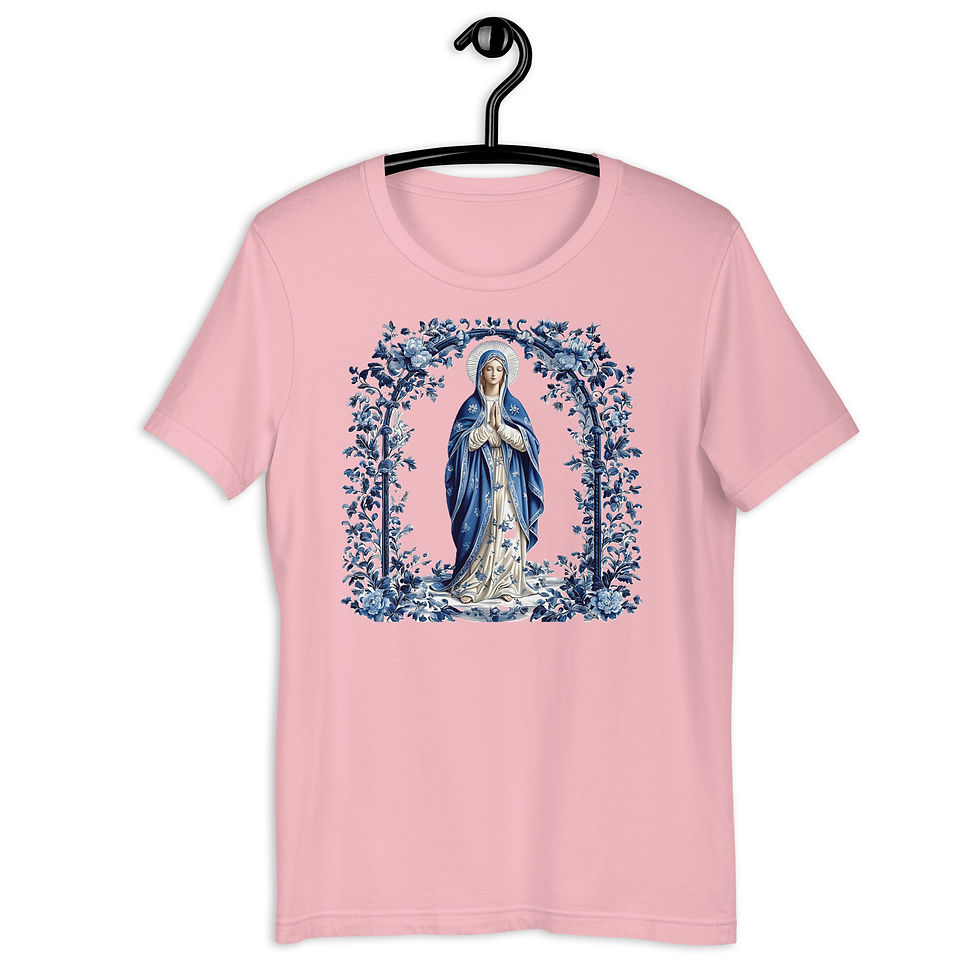 Thumbnail: Artistic Virgin Mary T-Shirt French Blue Catholic Faith Wearable Art Mother Mary