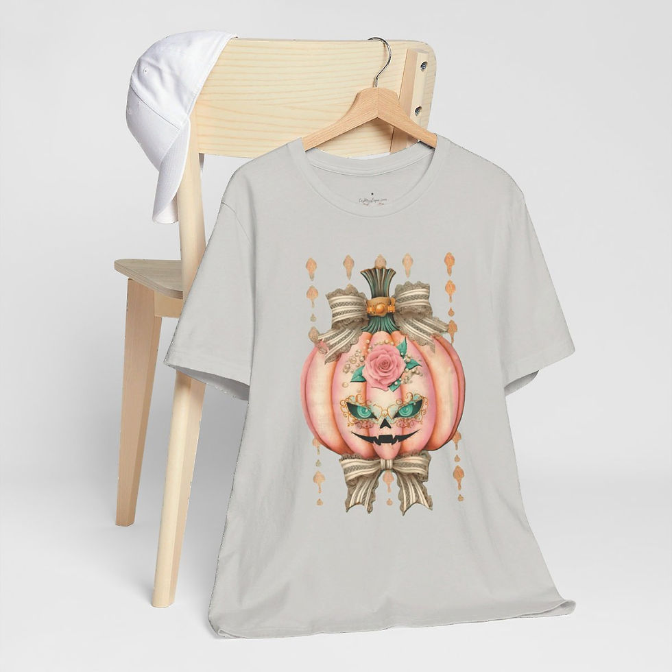 Thumbnail: Halloween T-Shirt Creepy Pumpkin Shabby Pink Roses Art Tee Trendy Apparel Gift