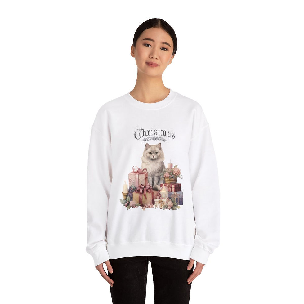 Shabby Christmas Sweatshirt Kitty Cat Wearable Art Retro Holiday Apparel Gift