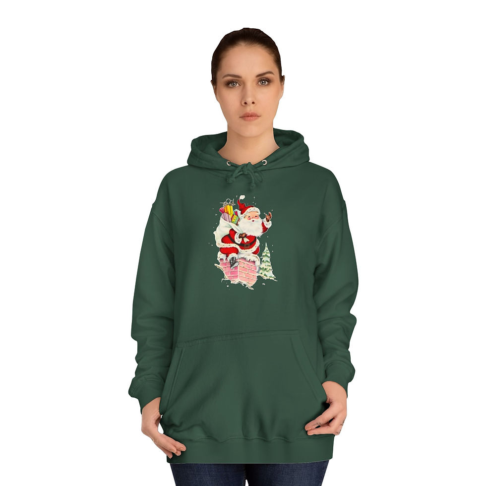 Thumbnail: Retro Christmas Hoodie Santa Going Down Chimney Cozy Sweatshirt w/Pockets 
