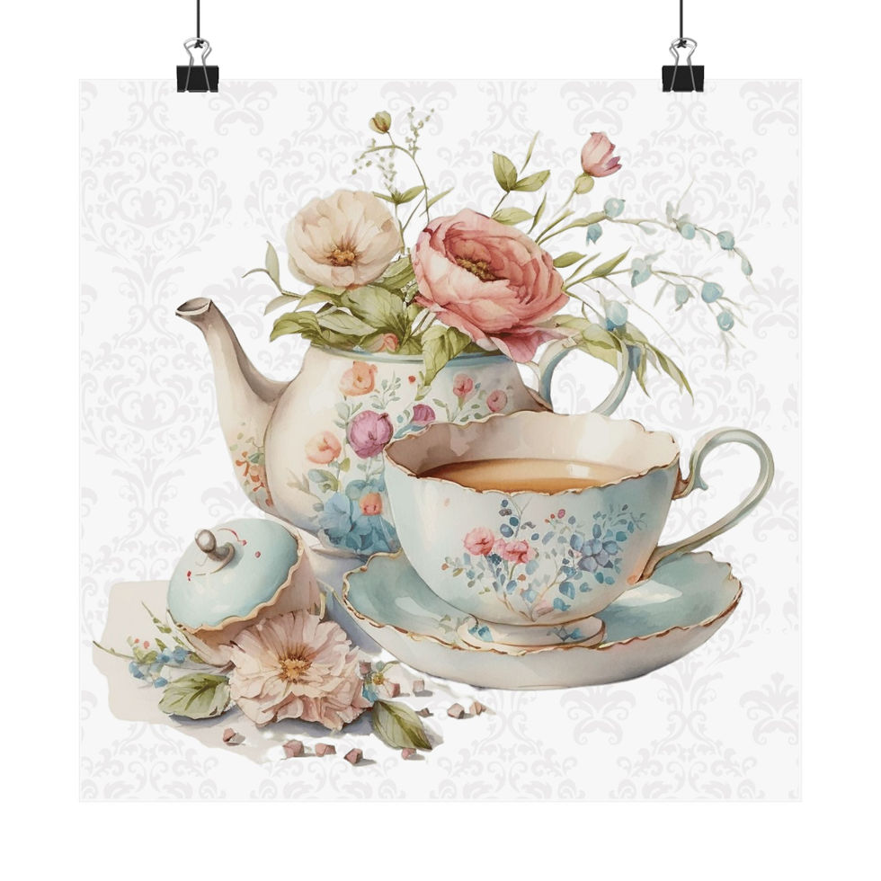 Thumbnail: Shabby Tea Art Print Victorian Teapot & Teacup French Cottage Kitchen Decor