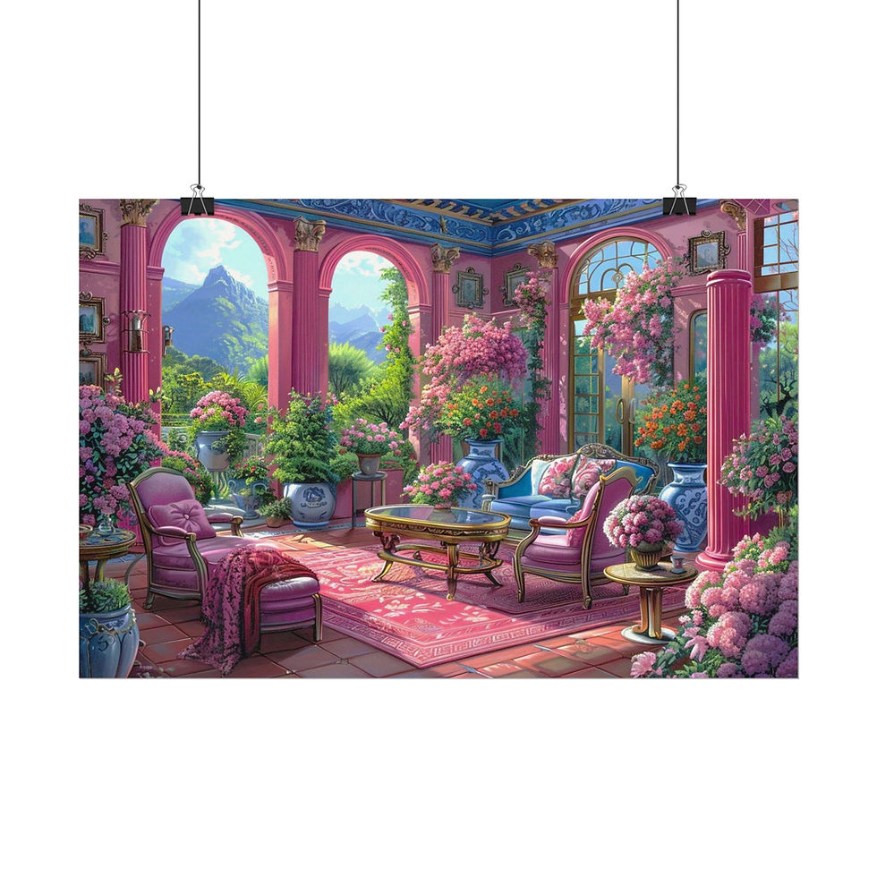 Thumbnail: Shabby Art Print Pink Sun Room Flowers Mountains French Country Vintage Style