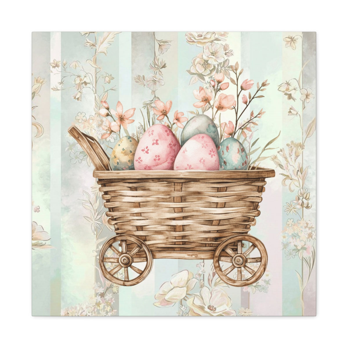 Vintage Shabby Spring Canvas Art Print  Wagon Eggs Farmhouse Wall Decor