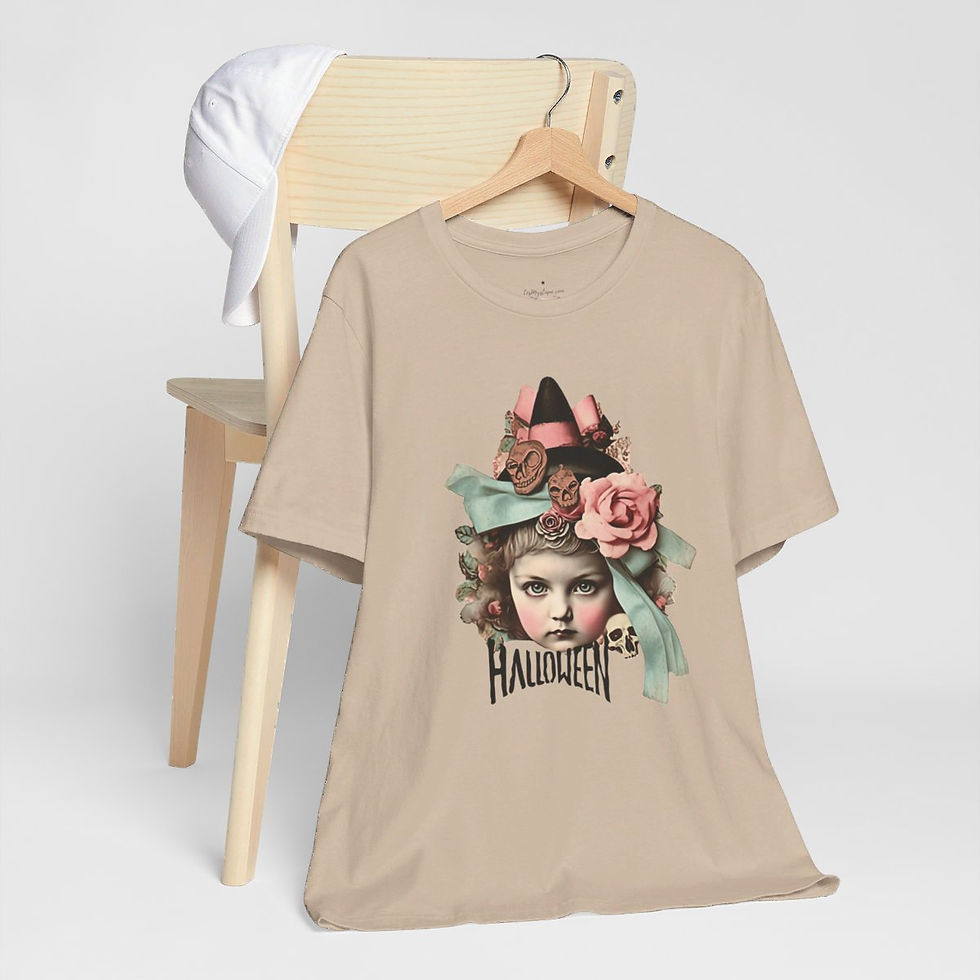 Thumbnail: Halloween T-Shirt Creepy Girl Witch Pink Roses Art Tee Trendy Apparel
