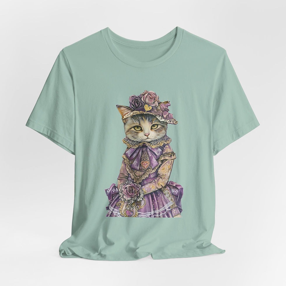 Thumbnail: Victorian Cat Art T-Shirt Shabby Roses Bonnet Hat Purple Artistic Cat Lover Gift