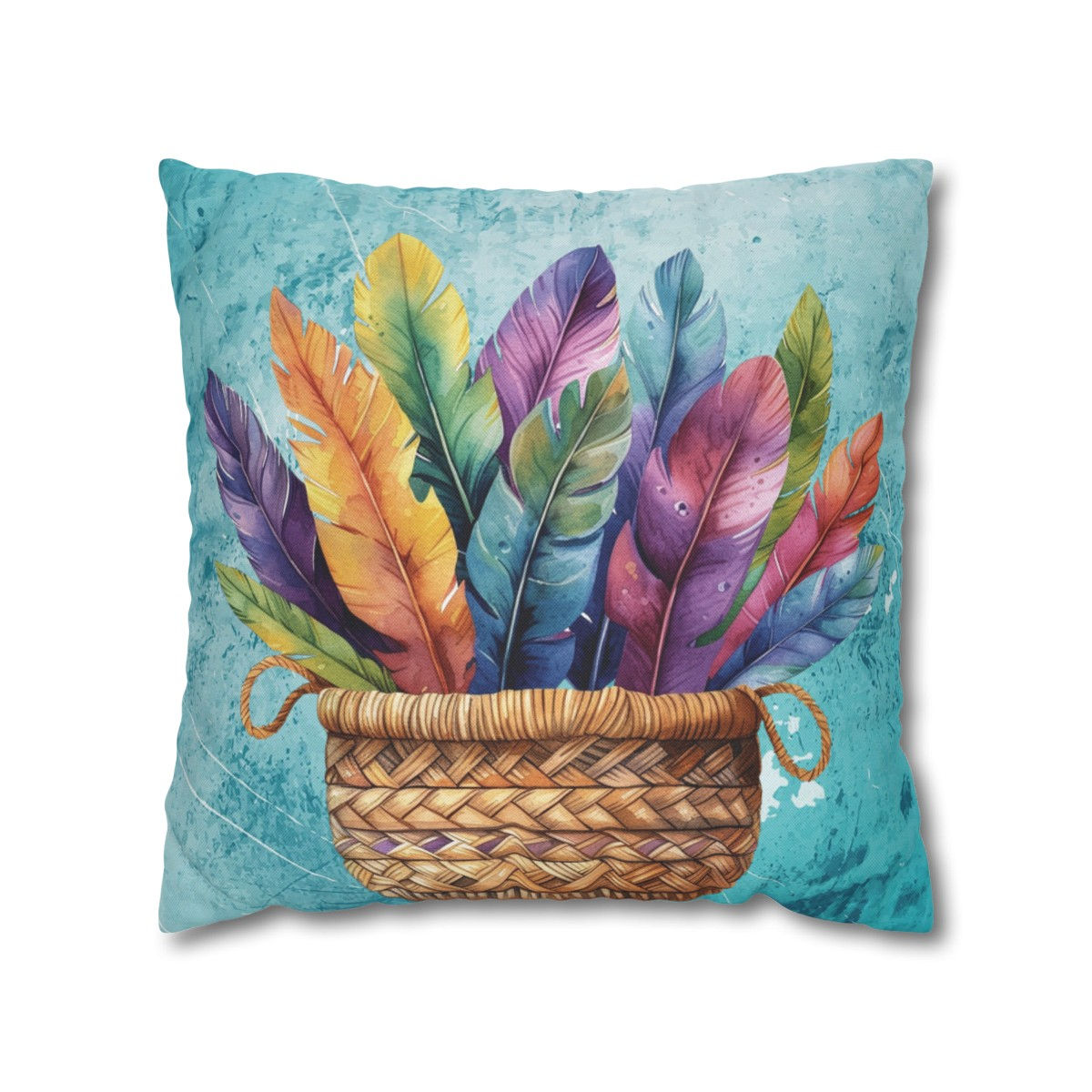 Boho Chic Throw Pillow Cover Colorful Basket Feathers Turquoise Statement Decor