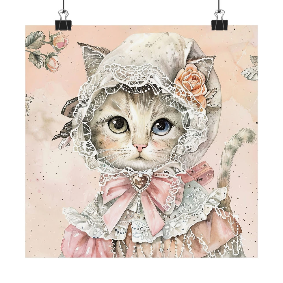 Thumbnail: Shabby Cat Art Print - Victorian Kitten in Bonnet Pink Cat Lover gift Wall Decor