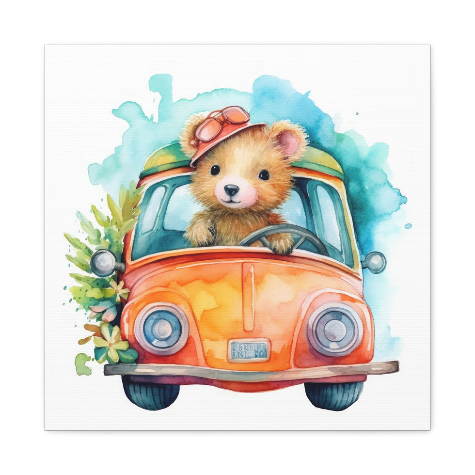 Thumbnail: Nursery Wall Decor Bear Driving a Car Watercolor Canvas Art Print Baby Toddler