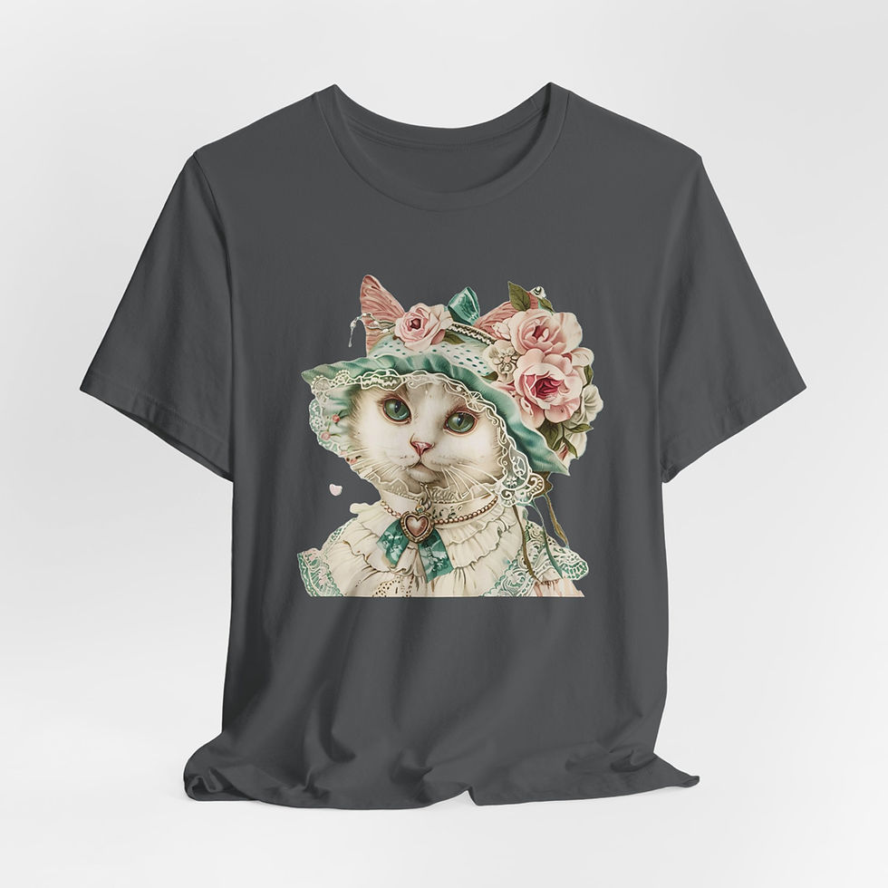 Thumbnail: Victorian Cat Art T-Shirt Shabby Mint & Pink Hat Roses Artistic Cat Lover Gift