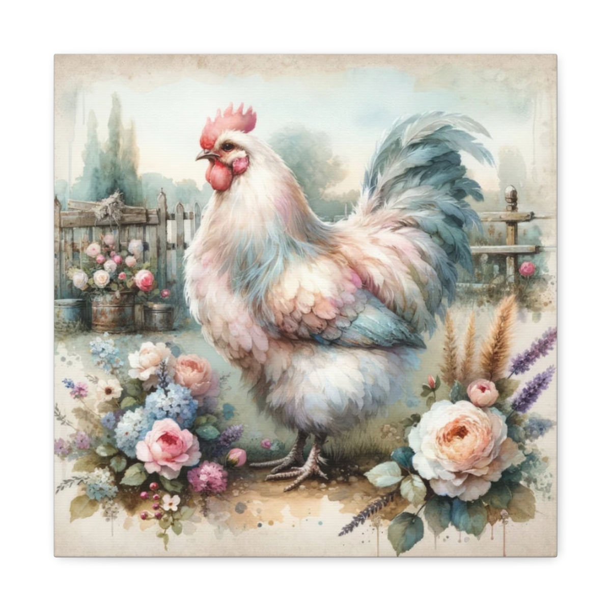 Shabby Farmhouse Decor Watercolor Art Canvas Print Pastel Chicken Wall Hanging