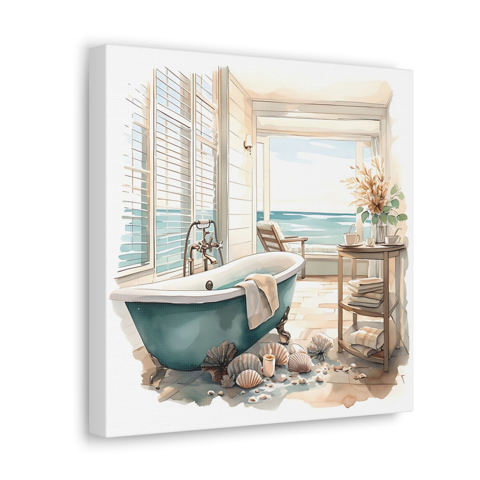 Thumbnail: Beachy Decor Bathroom Canvas Art Clawfoot Tub Ocean Beach Zen Watercolor Print