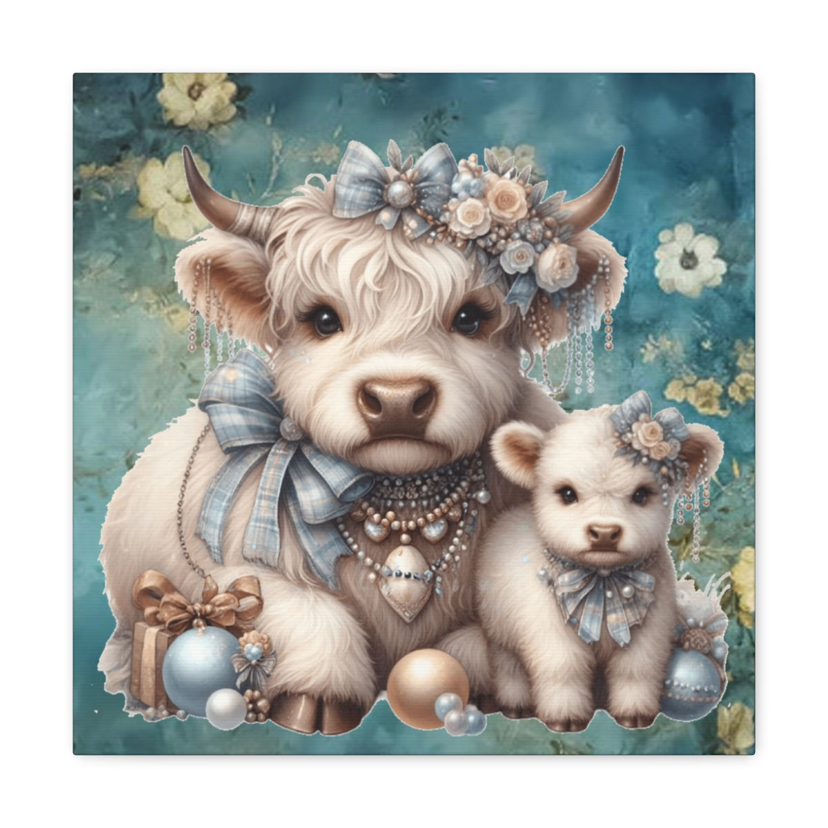 Shabby French Farmhouse Canvas Art Jeweled Highland Cow & Calf Print Blue Decor