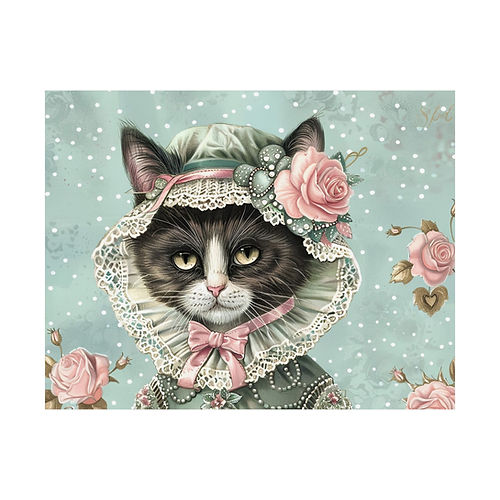 Shabby Cat Art Print Giclee Victorian Kitty in Hat Pink Roses Cat Lover Gift