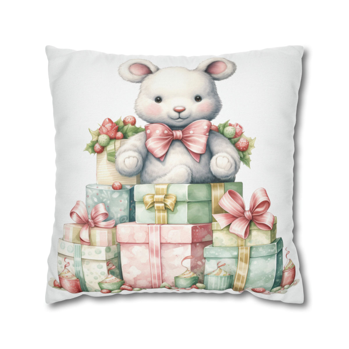 Shabby Christmas Throw Pillow cover Victorian Bear Pink Nursery Holiday Decor