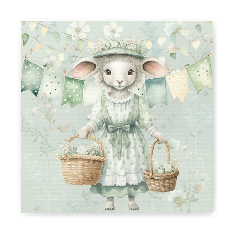 Thumbnail: Shabby Farmhouse Art Canvas Print Lamb w/ Spring Flowers Artwork Cottage Decor