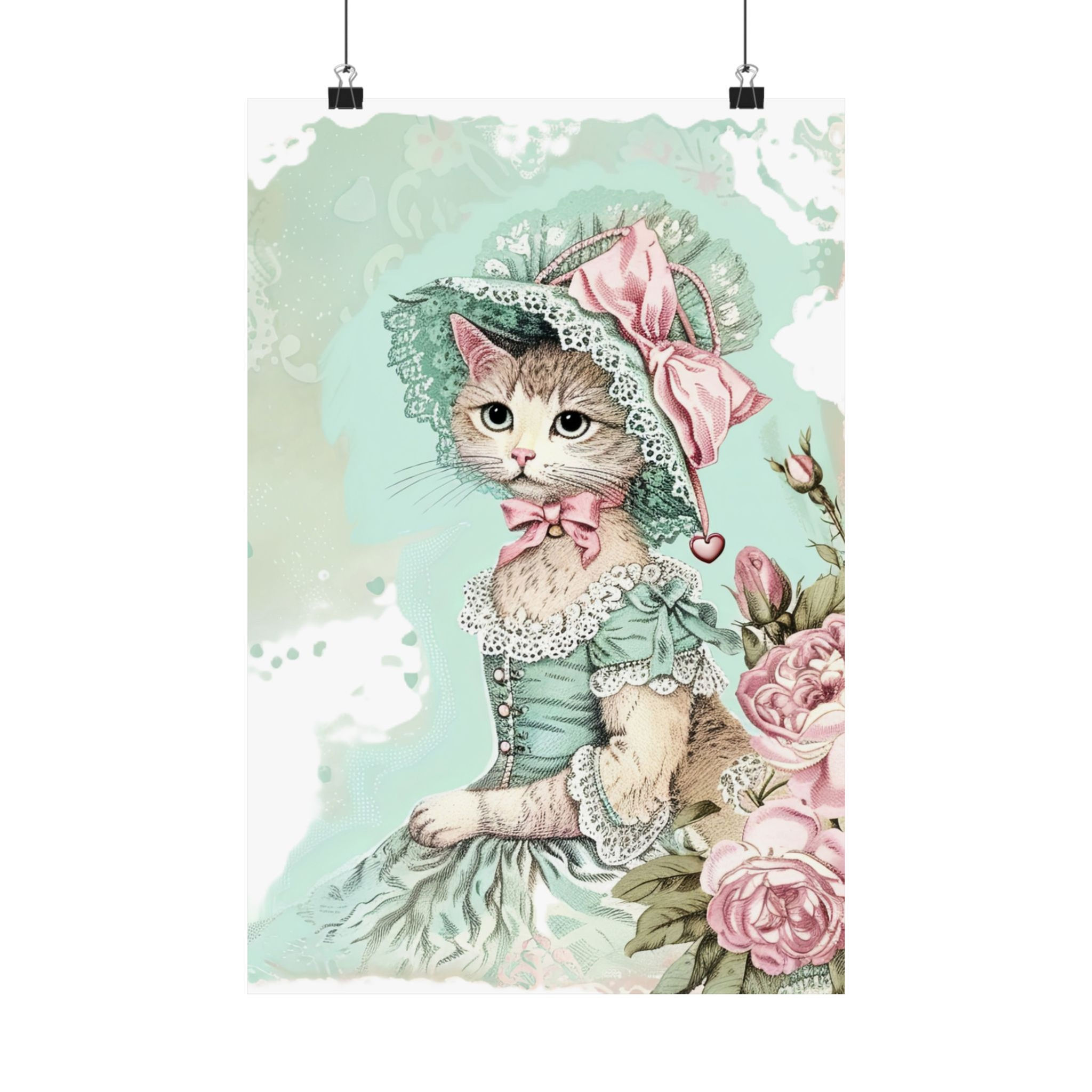 Shabby Victorian Cat Art Print Pastel Kitty Mint Pink Roses Hat Cat Lover Decor