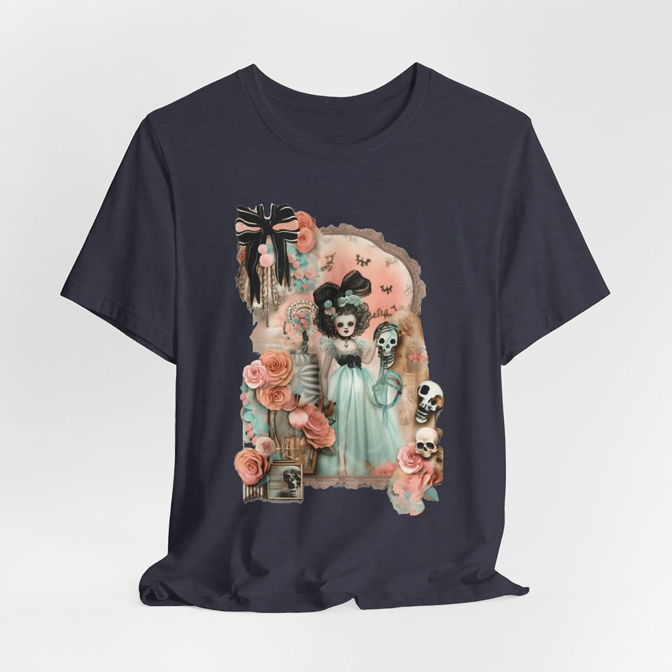 Thumbnail: Halloween T-Shirt Shabby Girl Zombie Skulls Pink Roses Art Tee Trendy Apparel