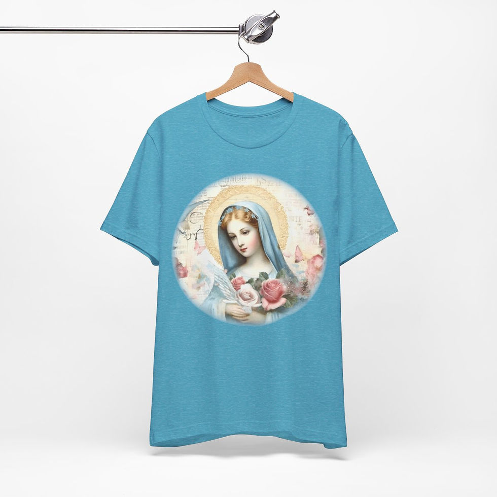 Thumbnail: Virgin Mary T-Shirt Pink Rose Shabby Chic Ave Maria Art Tee Catholic Faith Gift